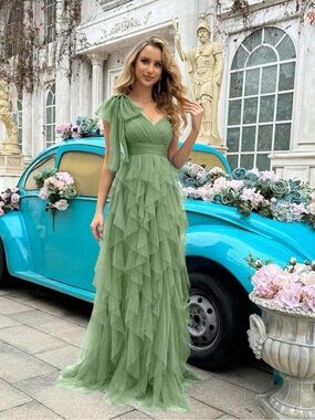 COLOR: GREEN - Elegant Sage Green Ruffled Tulle Evening Dress
